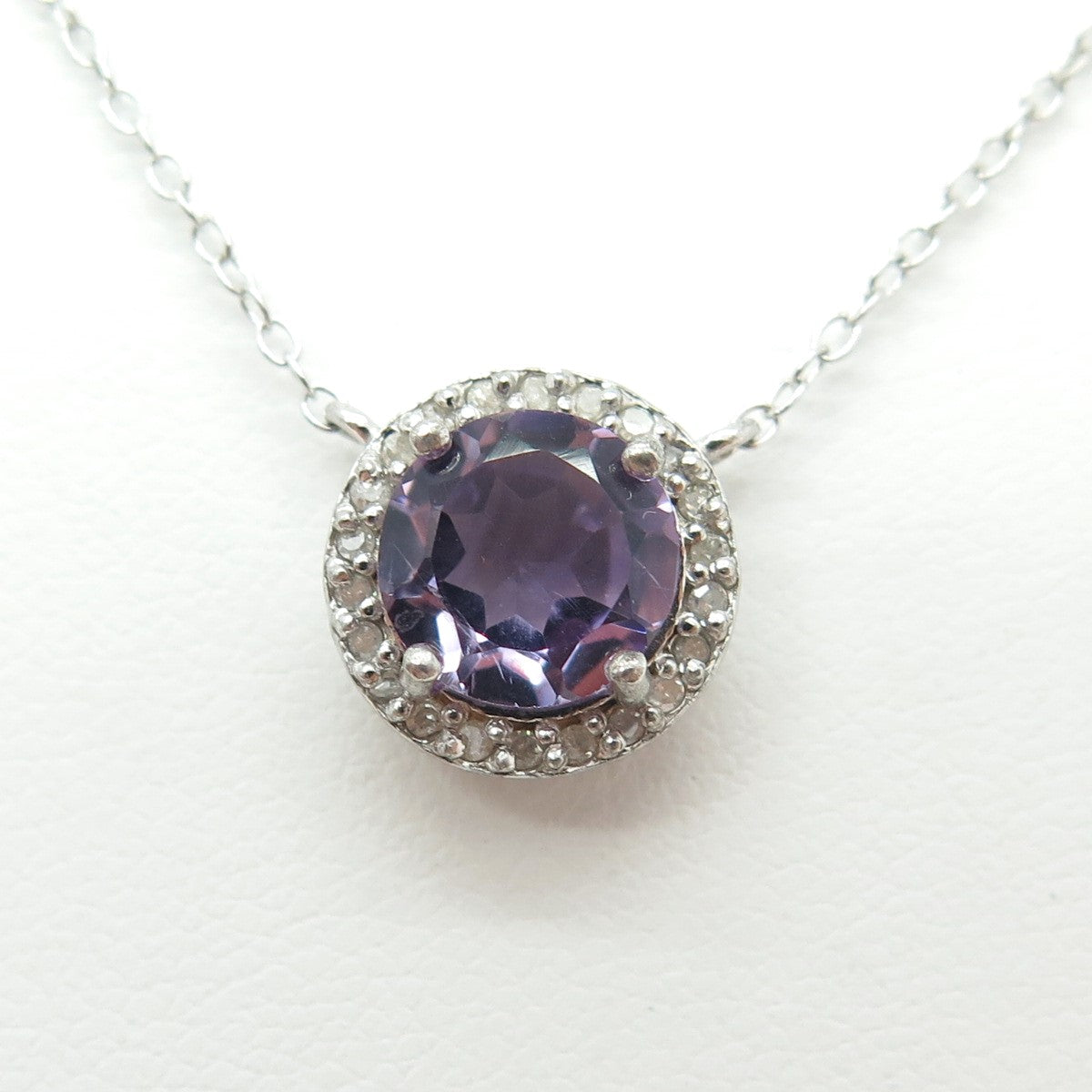 925 Sterling Silver Real Round-Cut Diamond & Amethyst Cable Chain Necklace 18"