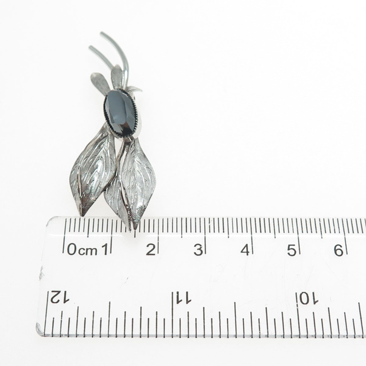 CURTIS CREATIONS 925 Sterling Silver Antique Real Hematite Flora Leaf Pin Brooch