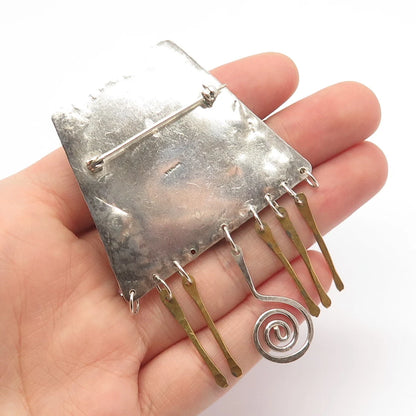 925 Sterling Silver 2-Tone Vintage Real Tiger Eye Gemstone Tribal Pin Brooch