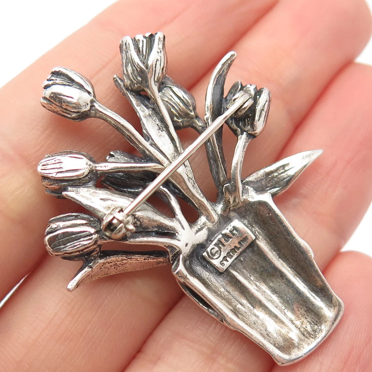 925 Sterling Silver Vintage Hamilton & Hamilton Flower Pot Pin Brooch