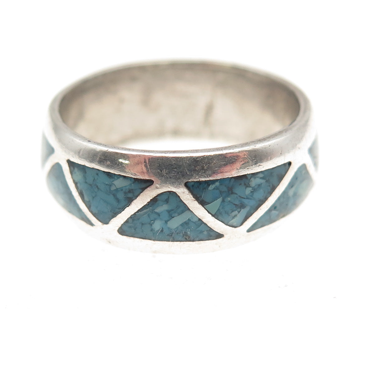 Old Pawn Sterling Silver Vintage Southwestern Turquoise Inlay Band Ring Size 7