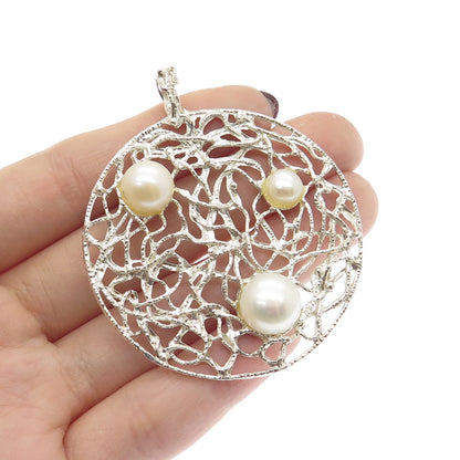 925 Sterling Silver Vintage Real Pearl Ornate Modernist Pendant