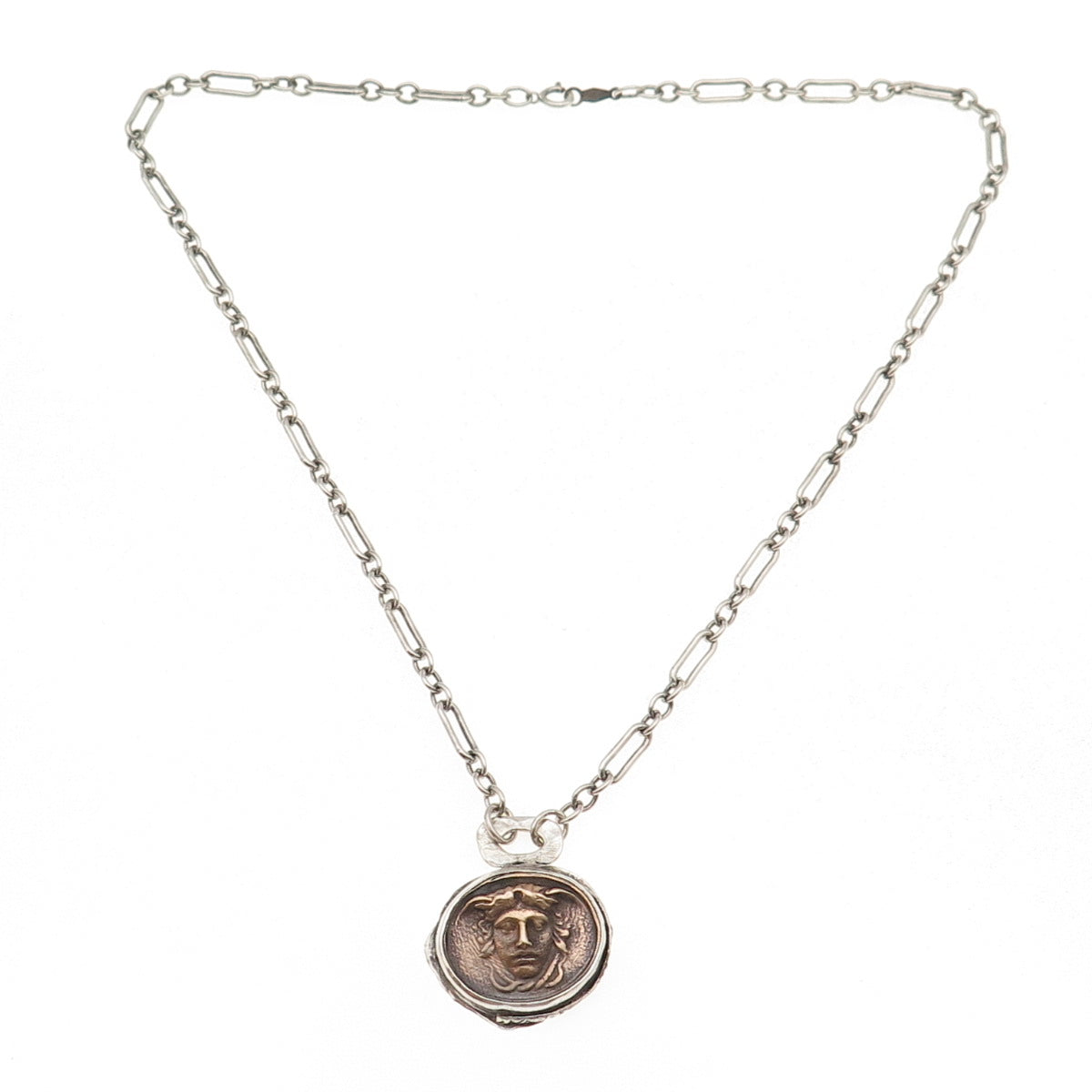 925 Sterling Silver 2-Tone Vintage Medusa Greek Coin Chain Necklace 16"