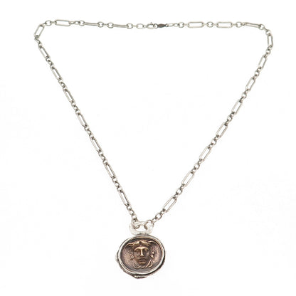 925 Sterling Silver 2-Tone Vintage Medusa Greek Coin Chain Necklace 16"