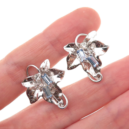 Carl Art 925 Sterling Vintage Blue & White Rhinestone Floral Screw Back Earrings