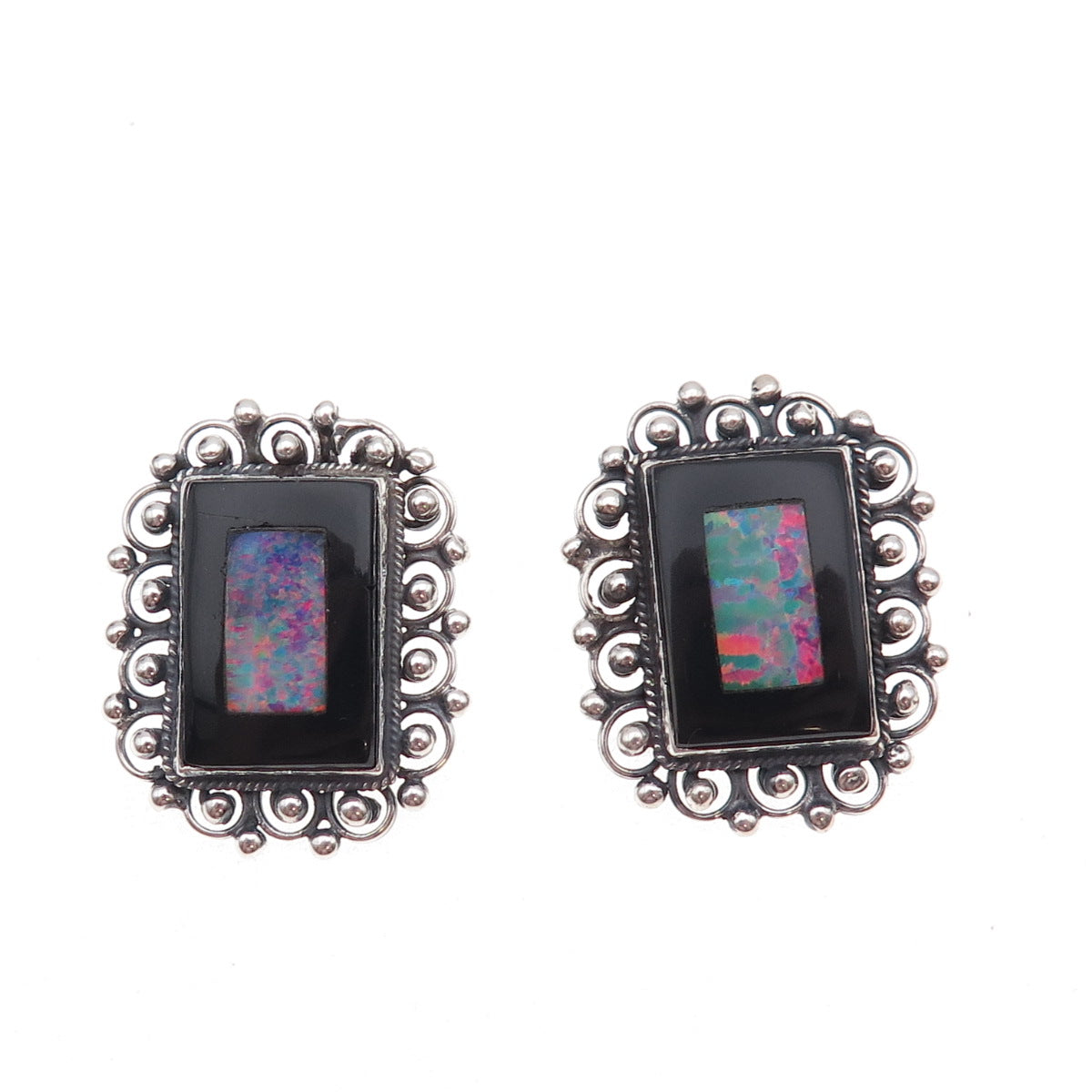 950 Silver Vintage Real Black Onyx & Opal Modernist Oxidized Clip On Earrings