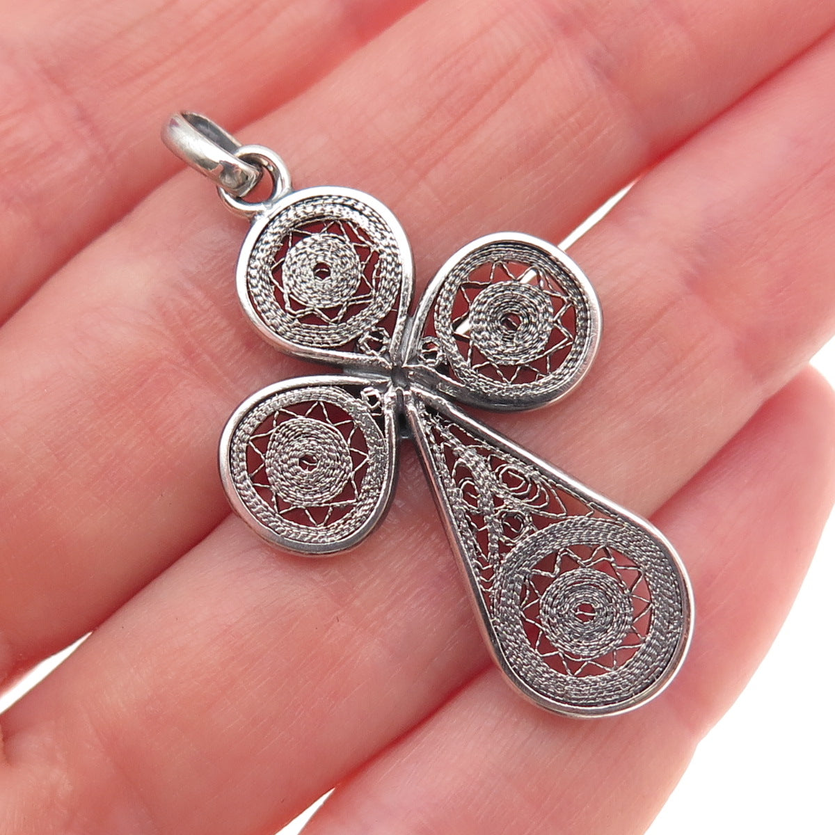 Pure 925 Sterling Silver Vintage Cross Filigree Oxidized Charm Pendant