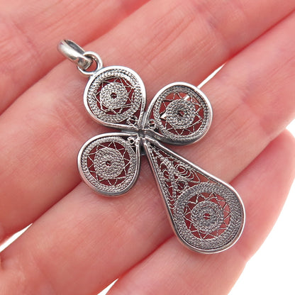 Pure 925 Sterling Silver Vintage Cross Filigree Oxidized Charm Pendant