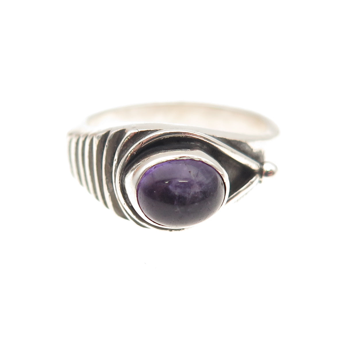925 Sterling Silver Vintage Real Amethyst Modernist Oxidized Ring Size 8.5
