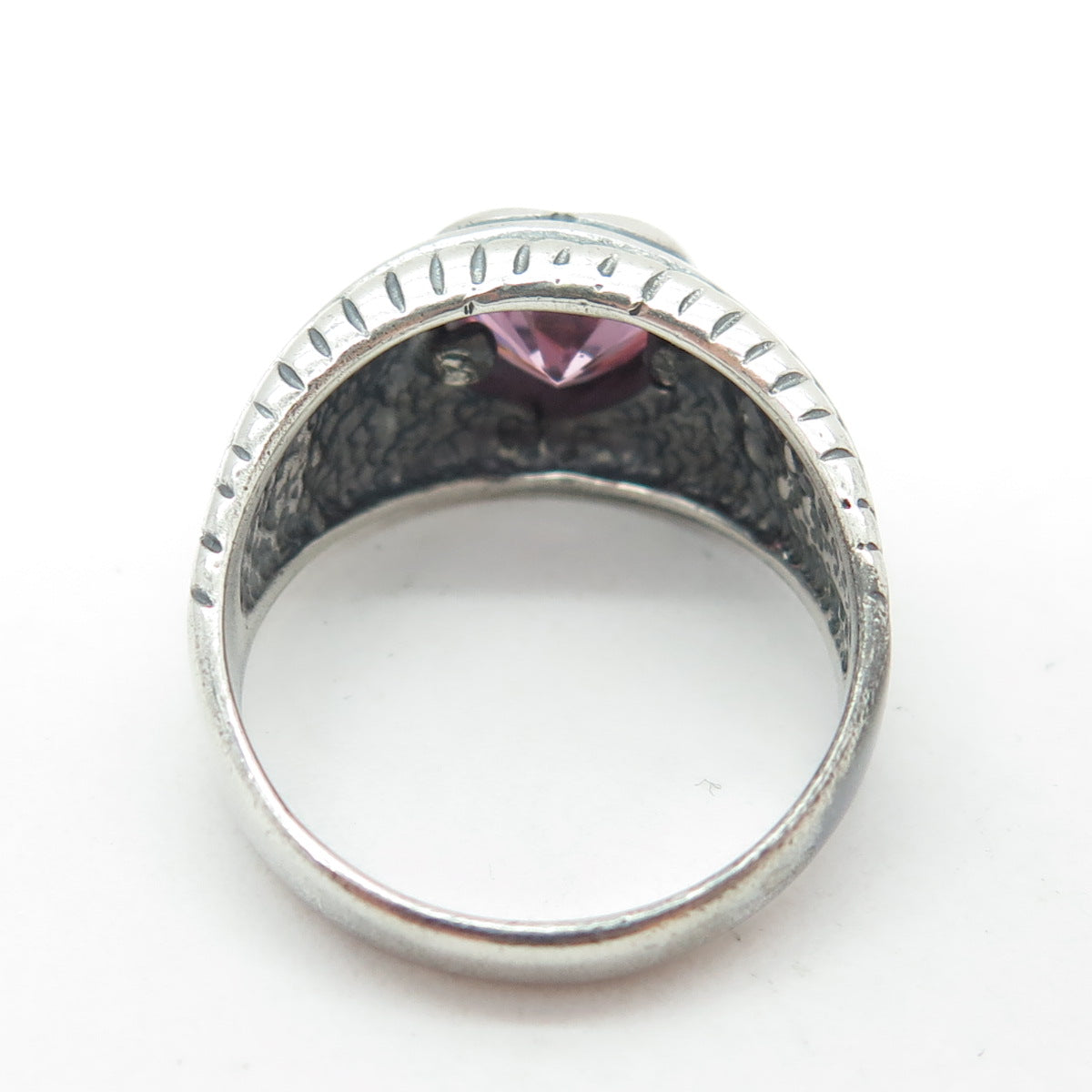 SHUBE 925 Sterling Silver Vintage Heart-Cut Pink C Z Love Ring Size 7.75