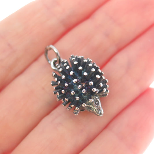 925 Sterling Silver Vintage Hedgehog Oxidized Minimalist 3D Charm Pendant