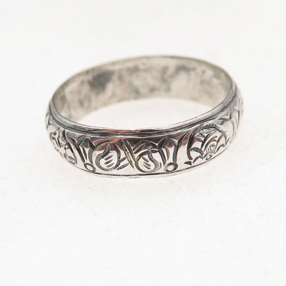 925 Sterling Silver Vintage Engraved Lotus Flower Oxidized Band Ring Size 9