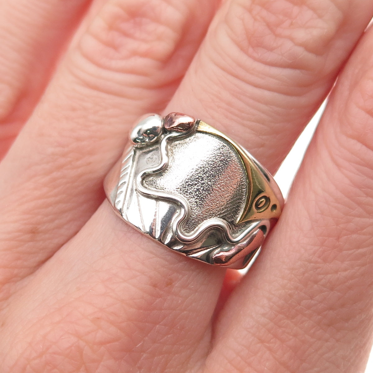 Alfred Joe Navajo Old Pawn Sterling Silver 3-Tone Vintage Tribal Ring Size 9.5