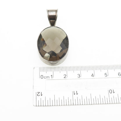 925 Sterling Silver Vintage Real Oval-Cut Smoky Quartz Oxidized Pendant