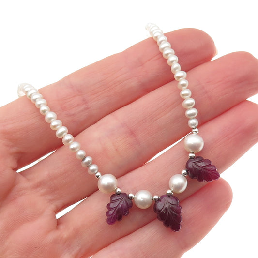 925 Sterling Silver Vintage Real Pearl & Ruby Floral Beaded Necklace 16-18"