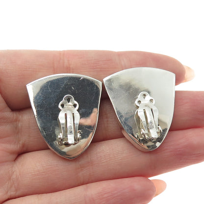 925 Sterling Silver 2-Tone Vintage Real Agate & Onyx Modernist Clip On Earrings