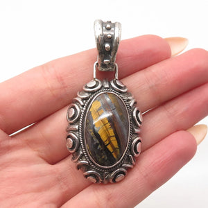 925 Sterling Silver Vintage Saville Real Tiger Eye Gemstone Pendant