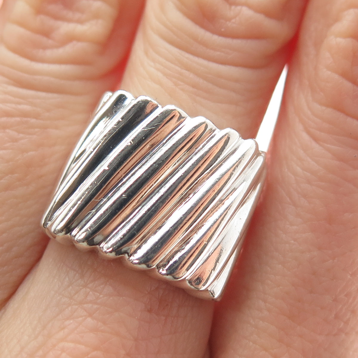 925 Sterling Silver Vintage Modernist Ribbed Square Ring Size 7.25