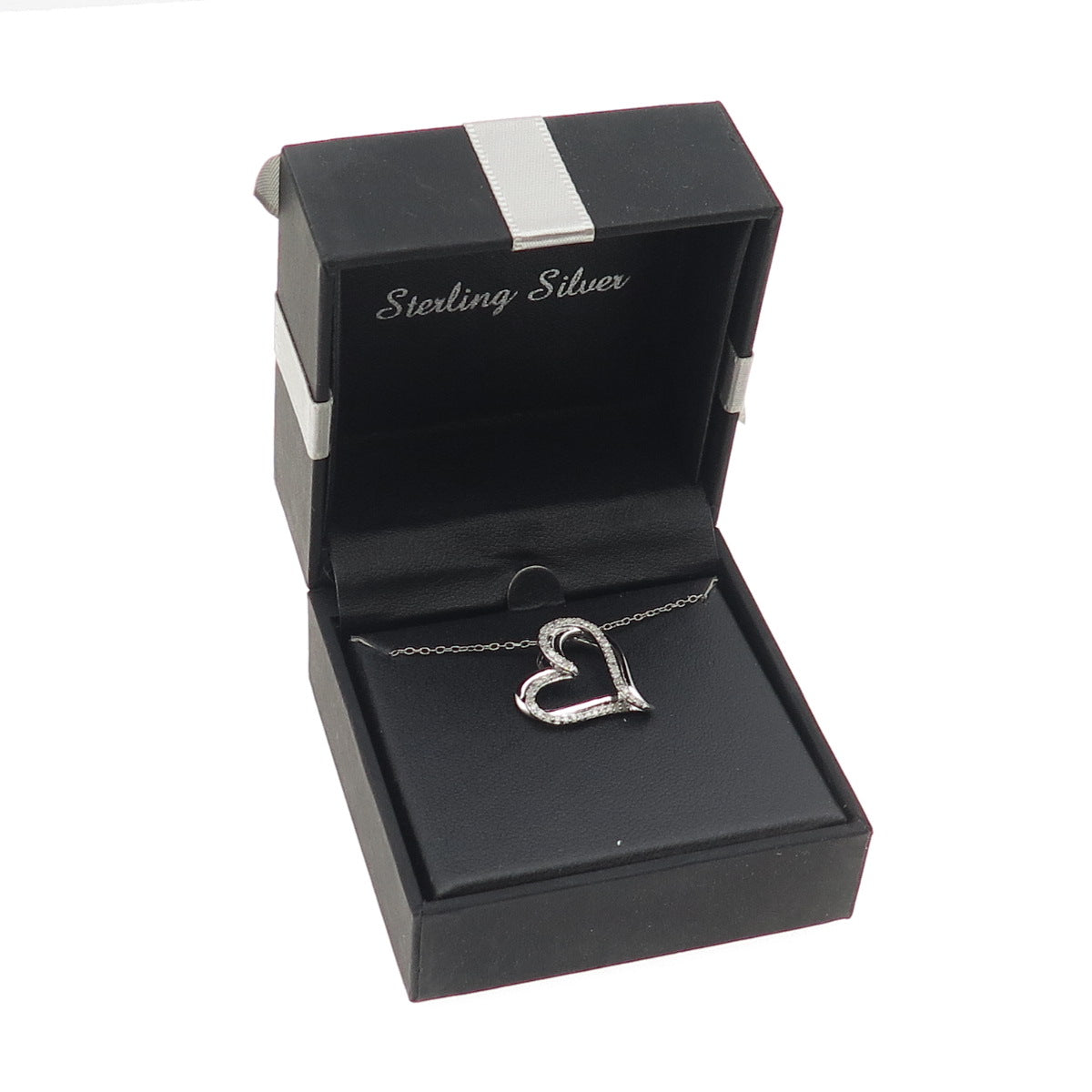 925 Sterling Silver Real Round-Cut Diamond Heart Cable Chain Necklace 18" w/ Box