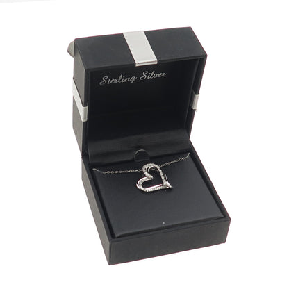 925 Sterling Silver Real Round-Cut Diamond Heart Cable Chain Necklace 18" w/ Box