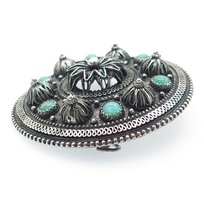 925 Sterling Silver Antique Israel Turquoise Gem Ethnic Eternal Curve Brooch