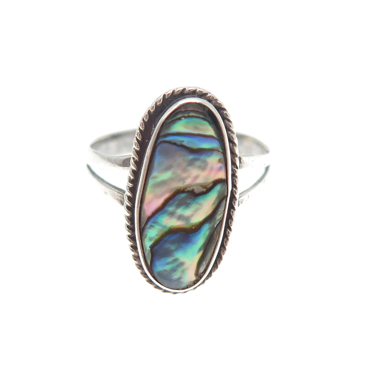 925 Sterling Silver Vintage Mexico Real Abalone Shell Oxidized Ring Size 5.75