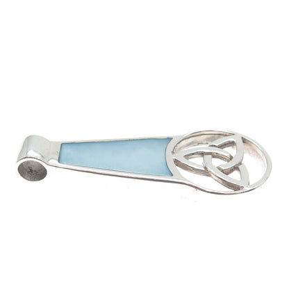 925 Sterling Silver Vintage Blue Mother-of-Pearl Triquetra Amulet Slide Pendant