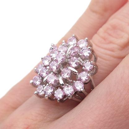 925 Sterling Silver Round-Cut Pink C Z Cluster Ring Size 5.25