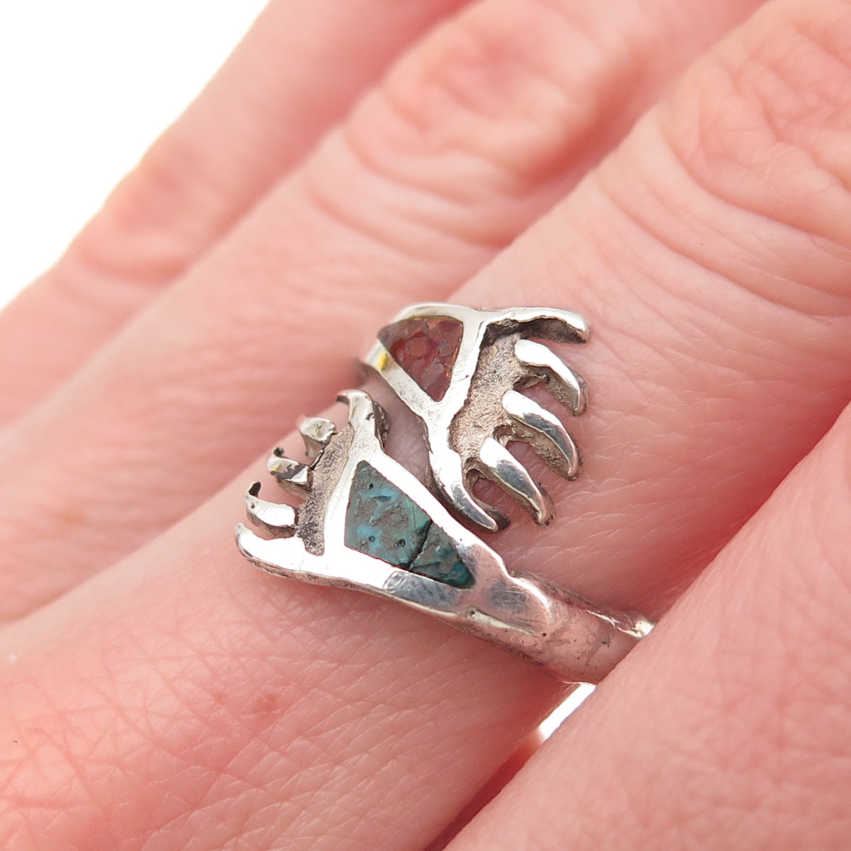 Old Pawn 925 Sterling Turquoise & Coral Inlay Bear Paw Adjustable Ring Size 6.25