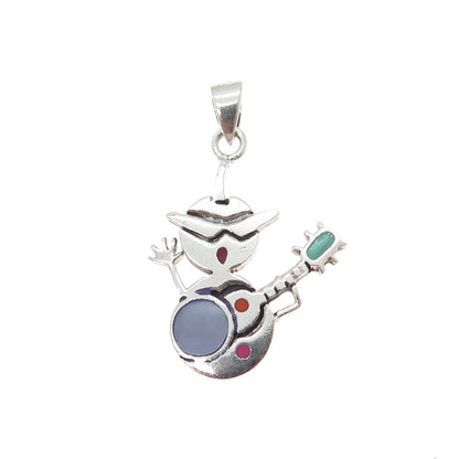 925 Sterling Silver Vintage Enamel Snowman Guitar Musician Charm Pendant