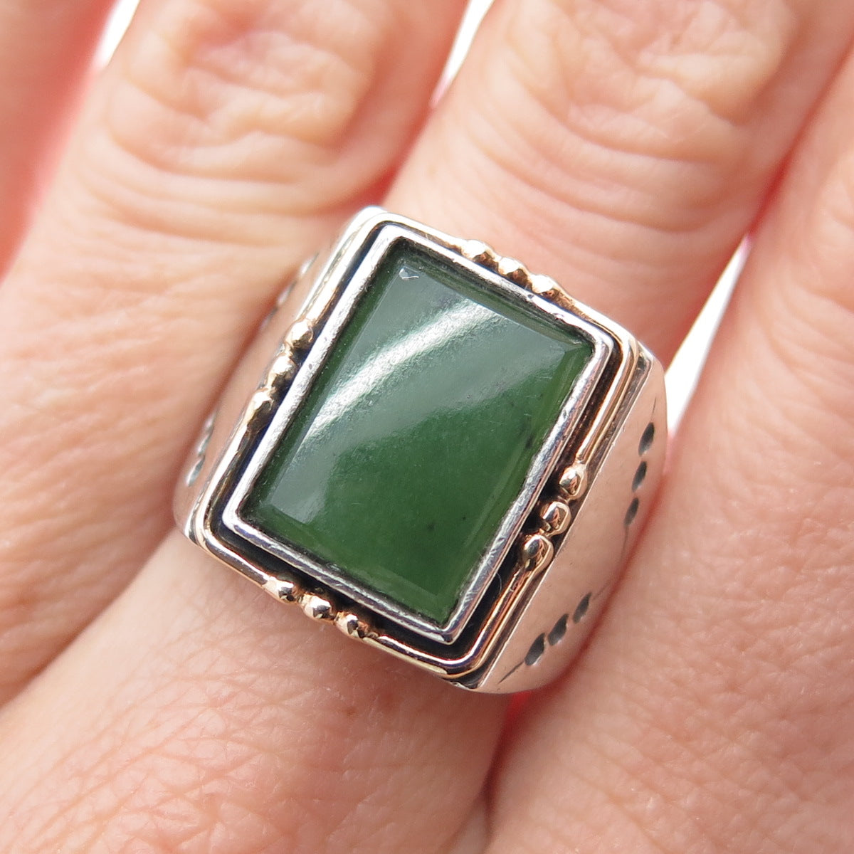 18K Gold 925 Sterling Silver Vintage Real Jade Modernist Ring Size 8