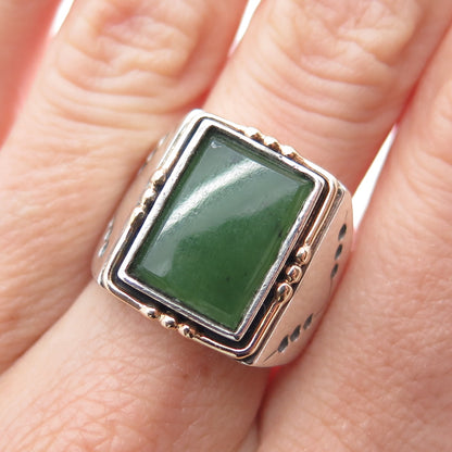 18K Gold 925 Sterling Silver Vintage Real Jade Modernist Ring Size 8