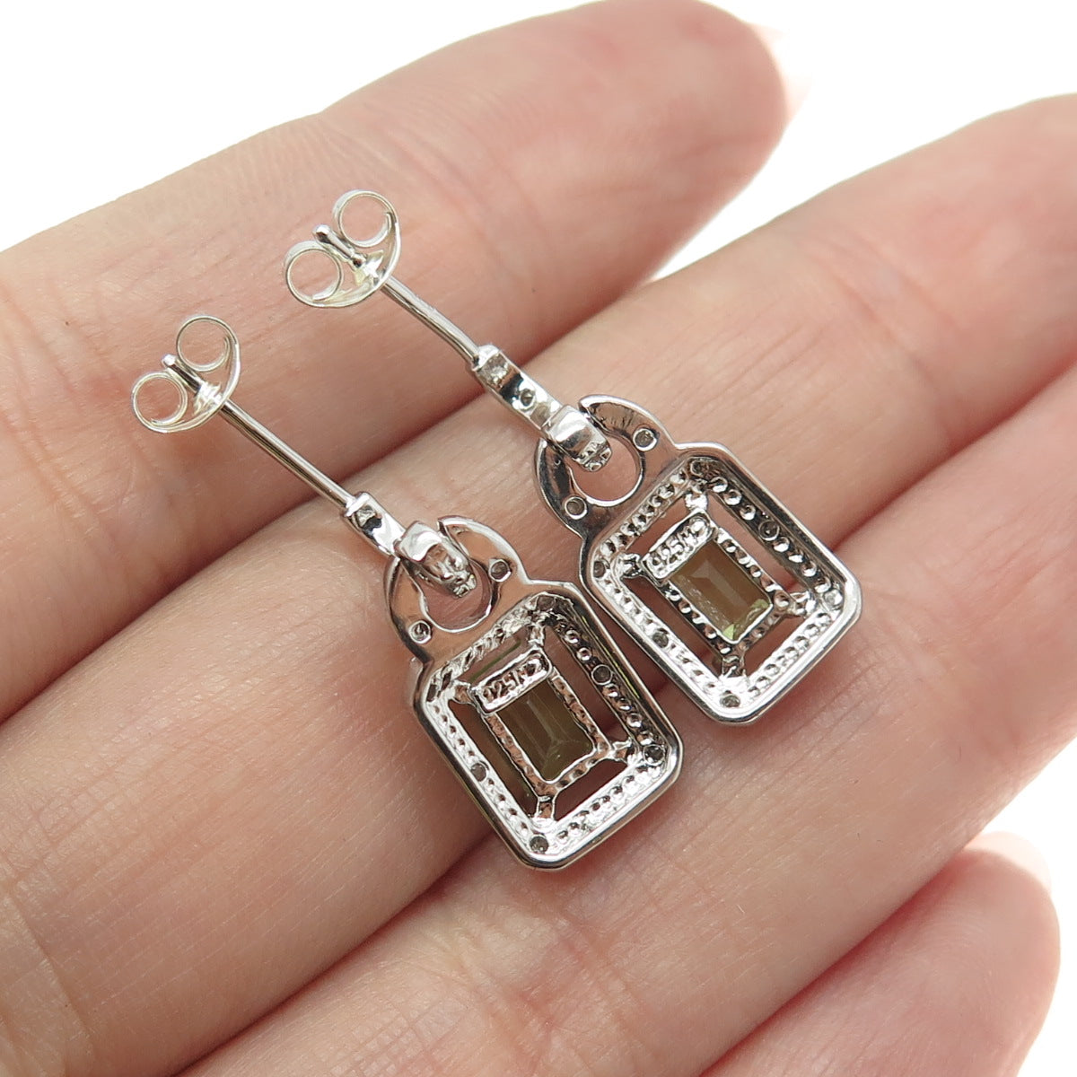 925 Sterling Silver Real Round-Cut Diamond & Emerald-Cut Peridot Dangle Earrings