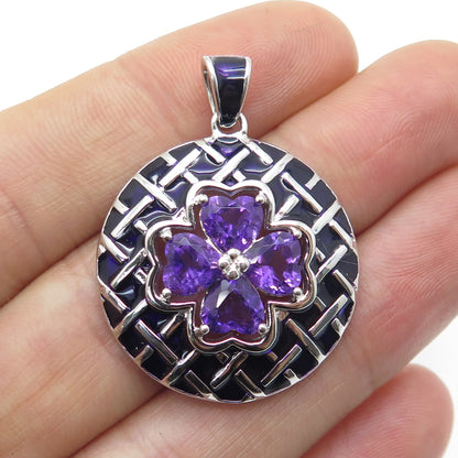 ROSS SIMONS 925 Sterling Silver Enamel Real Amethyst Heart Clover Pendant