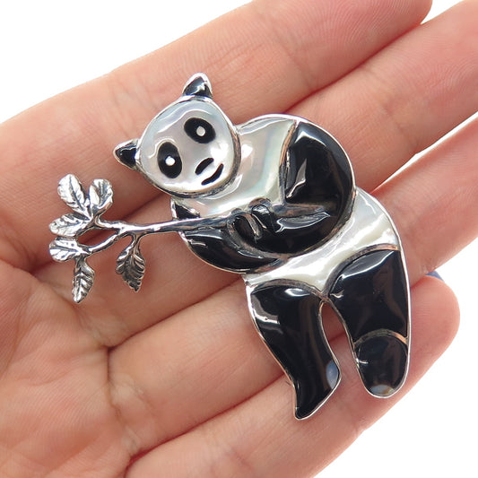 925 Sterling Silver Vintage Real Black Onyx & MOP Panda Pin Brooch
