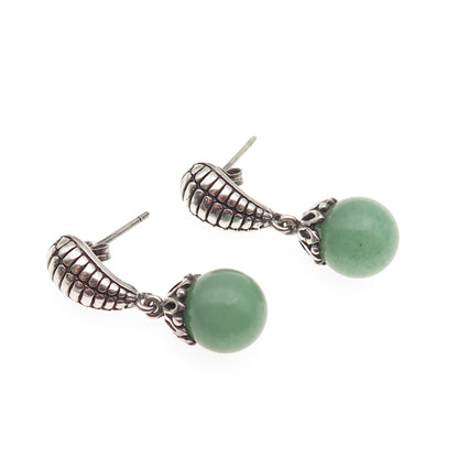 925 Sterling Silver Vintage Real Aventurine Modernist Ball Bead Dangle Earrings