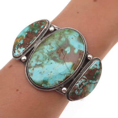 Old Pawn Sterling Silver Vintage Turquoise Heavy 77.0g Adjustable Bracelet 6.75"