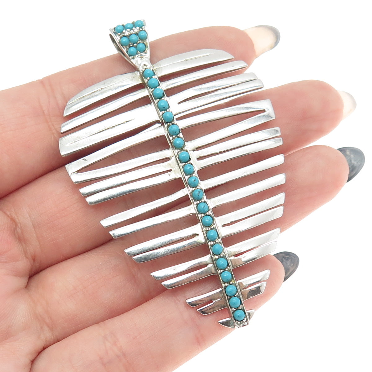 925 Sterling Silver Real Turquoise Gemstone Leaf Pendant / Pin Brooch