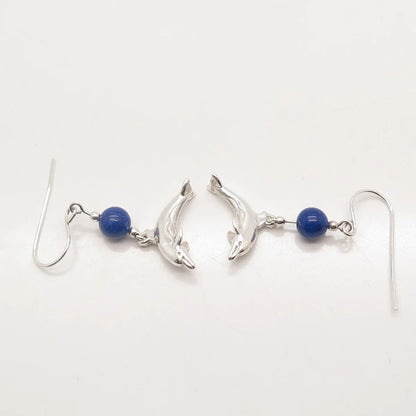925 Sterling Silver Vintage Lapis Lazuli Gem Friendly Dolphin Dangling Earrings