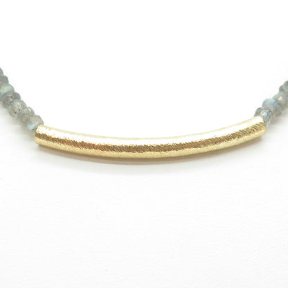 925 Sterling Silver Gold Plated Real Labradorite Beaded Bar Necklace 16-18"