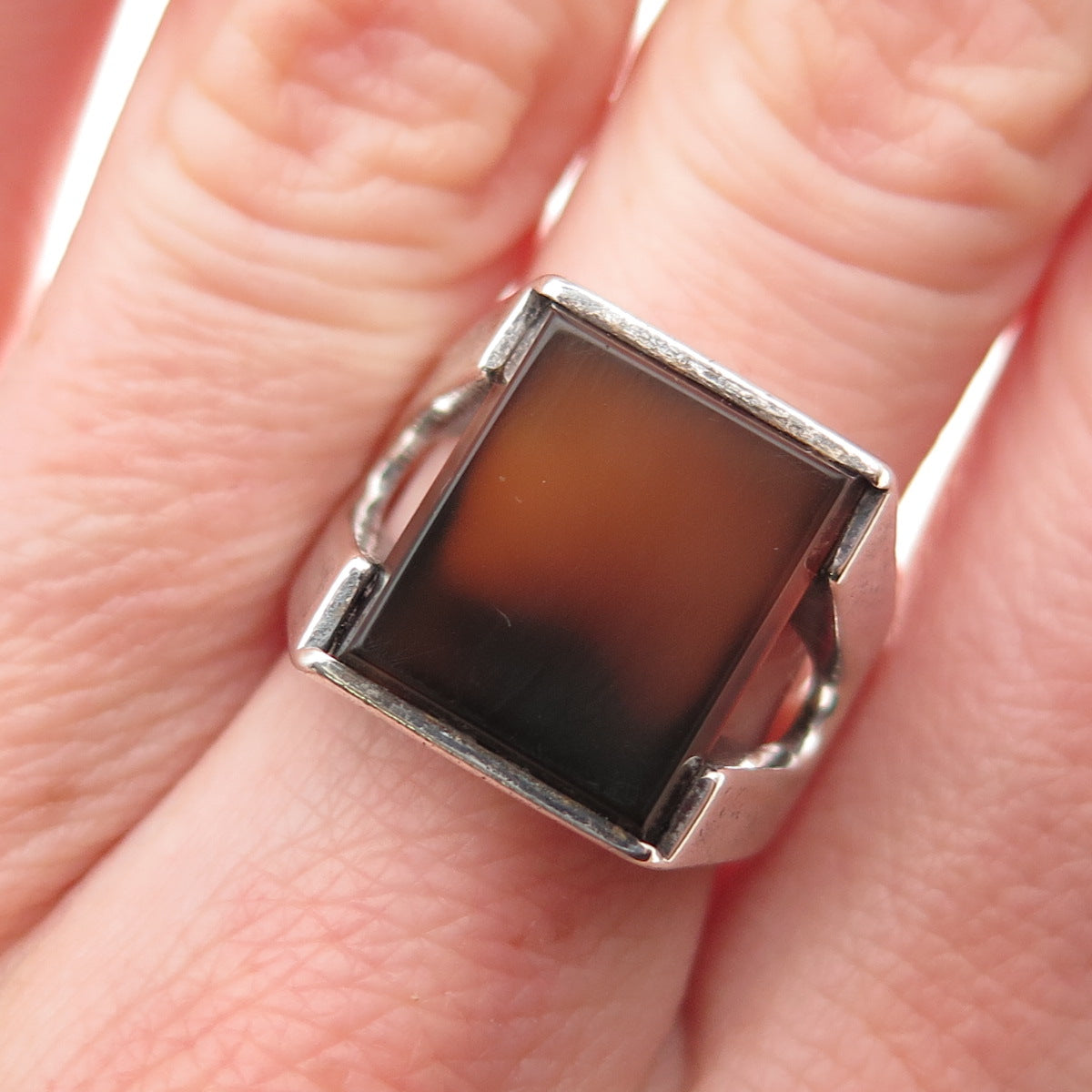 925 Sterling Silver Vintage Real Agate Modernist Ring Size 7