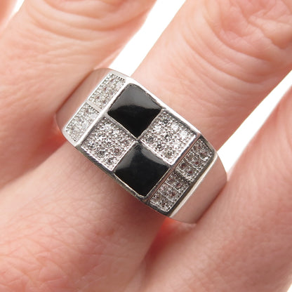 925 Sterling Silver Real Black Onyx & C Z Check Pattern Ring Size 11.5