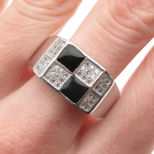 925 Sterling Silver Real Black Onyx & C Z Check Pattern Ring Size 11.5