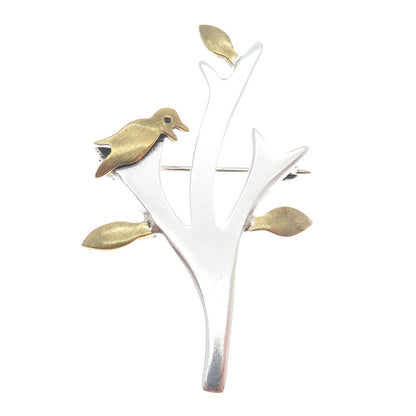 925 Sterling Silver 2-Tone Vintage Mexico Bird on the Tree Pin Brooch