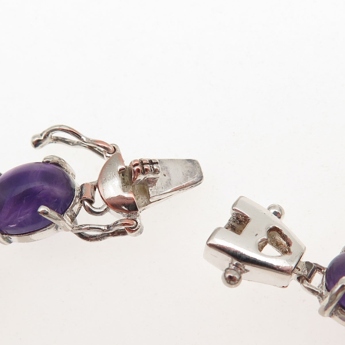 925 Sterling Silver Vintage Real Cabochon Amethyst Link Bracelet 7.5"
