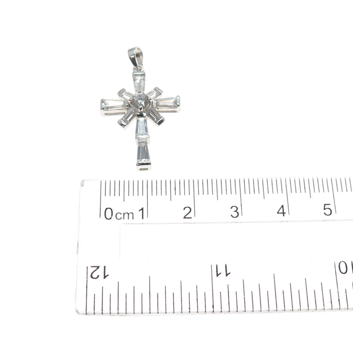 GSJ Gold Stone Sterling Silver Tapered Baguette & Round-Cut C Z Cross Pendant