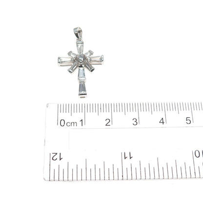 GSJ Gold Stone Sterling Silver Tapered Baguette & Round-Cut C Z Cross Pendant