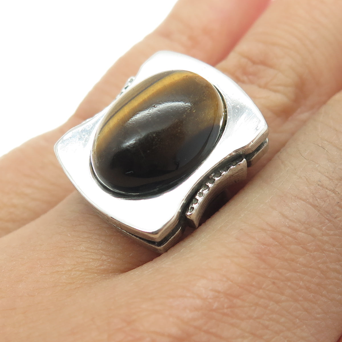 835 Silver Vintage Real Tiger Eye Modernist Adjustable Ring Size 6.75