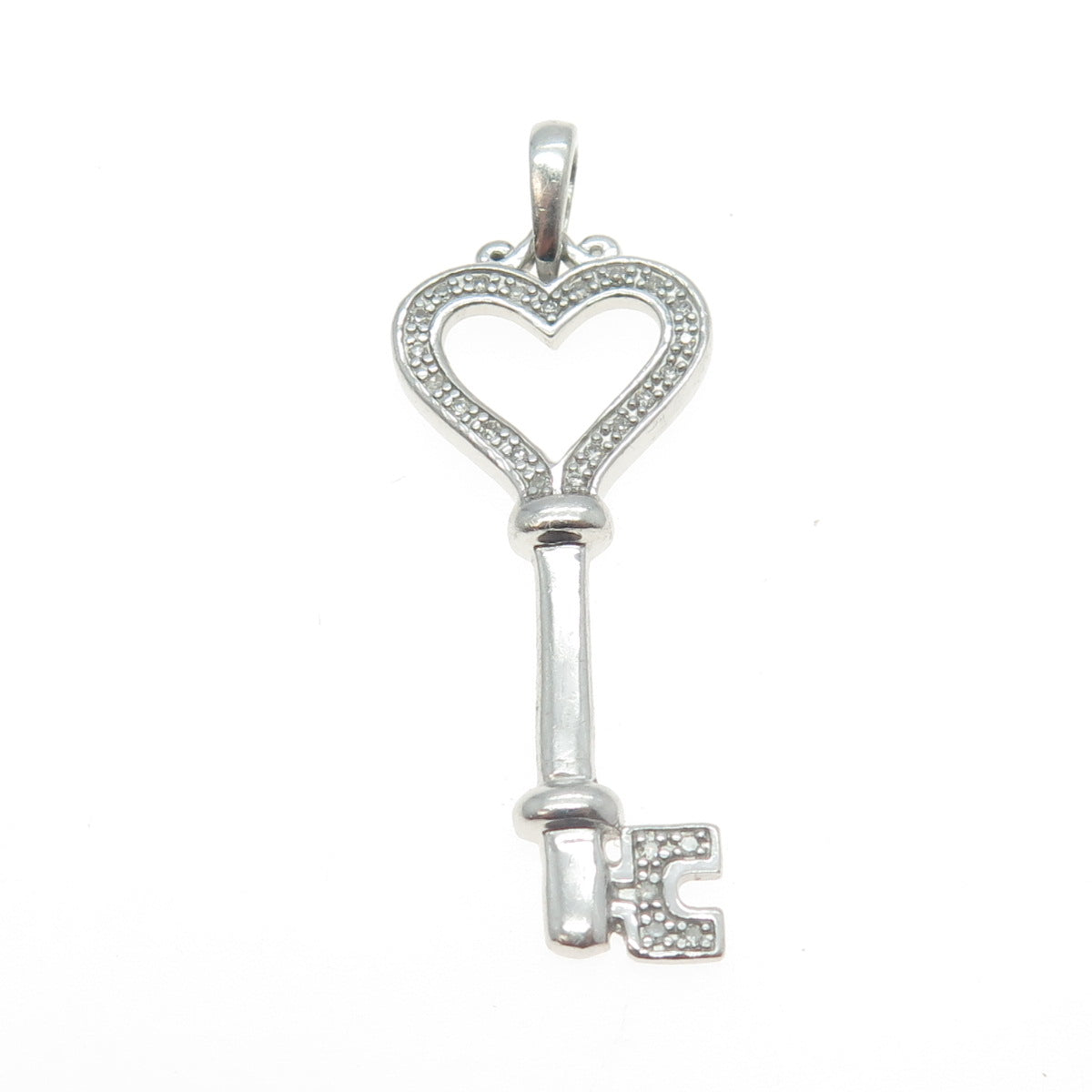 925 Sterling Silver Real Round-Cut Diamond Love Key Heart Pendant