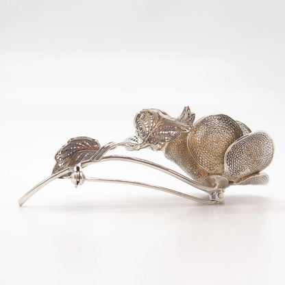 900 Coin Silver Vintage Rose Floral Filigree Pin Brooch